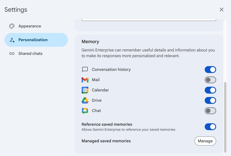 toggle gemini memory feature off and on