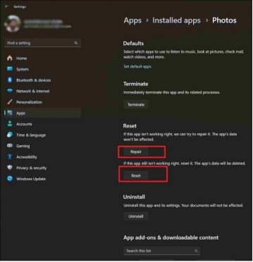 restablecer la aplicación Microsoft Photos