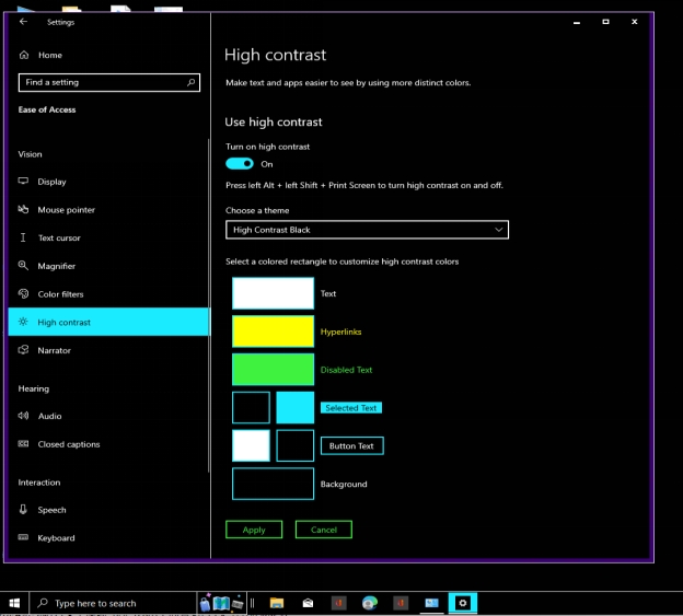 deshabilitar el contraste alto para reparar la imagen de pantalla negra