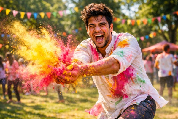 confident guy throwing powder holi photo