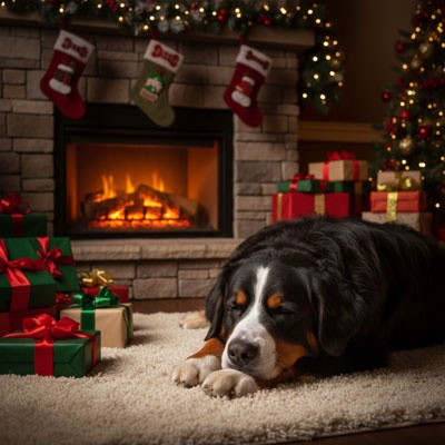 cozy christmas dog by fireplace with gifts photos
