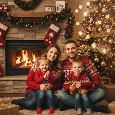 cozy christmas family fireplace photo by gemini ai