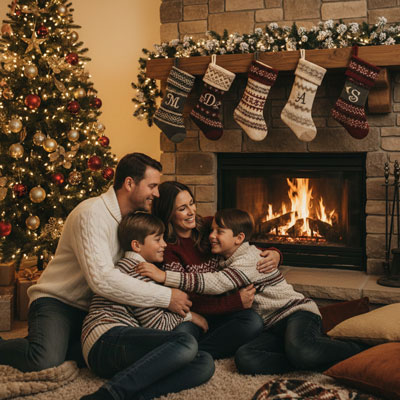 cozy christmas fireplace portrait
