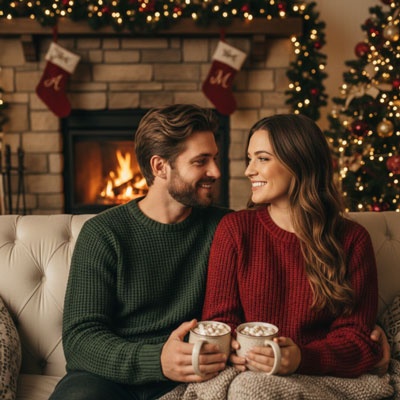 cozy fireplace couple photo