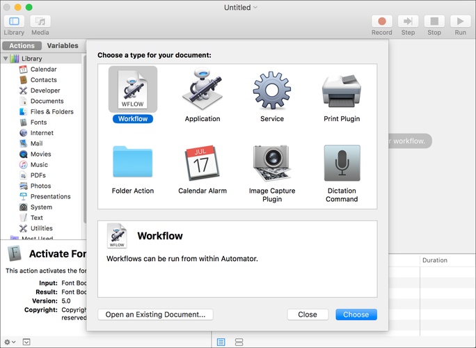 create quick action in automator workflow