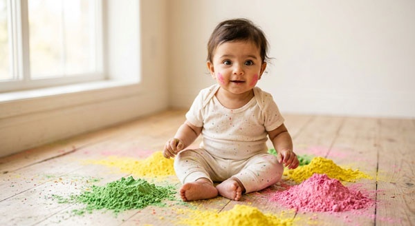 cute baby first holi portrait