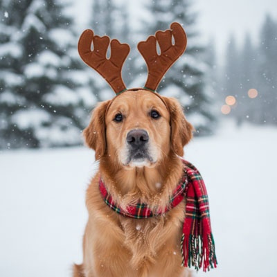 cute dog with reindeer antlers and scarf