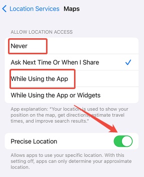 disable precise location data in iphone settings