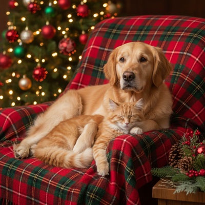 dog and cat together christmas photo