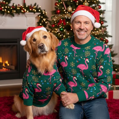 dog and owner in matching sweater