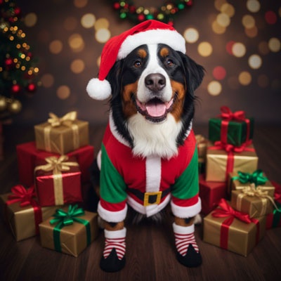 dog in santa elf costume with gifts