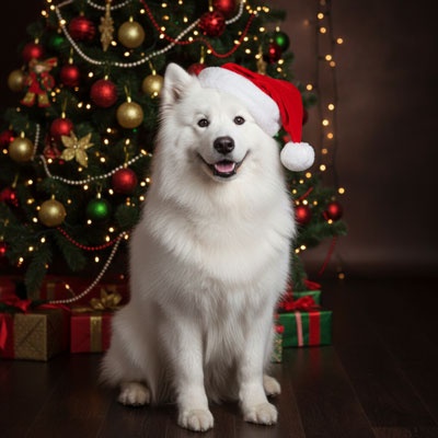 dog wearing santa hat by christmas tree