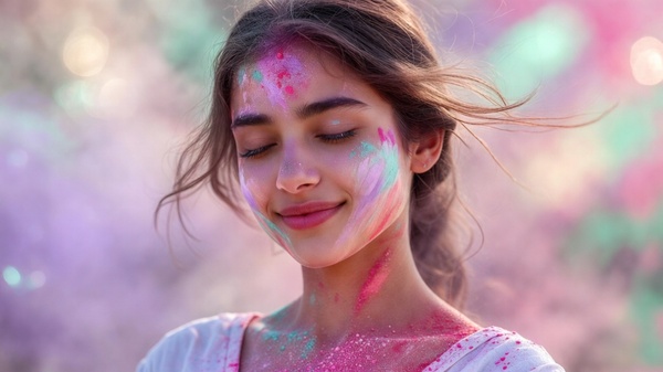 dreamy pastel aesthetic holi portrait