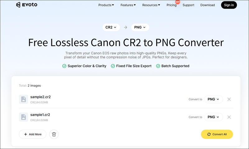 evoto add and convert cr2 files to png online