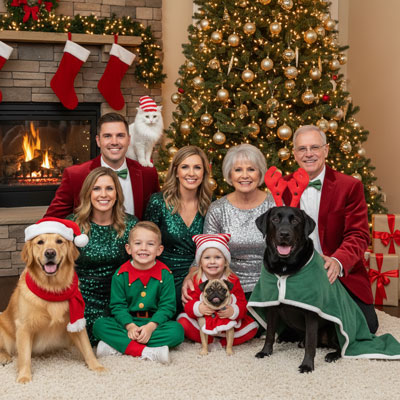family with pets christmas portrait