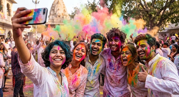 friends holi selfie with color explosion