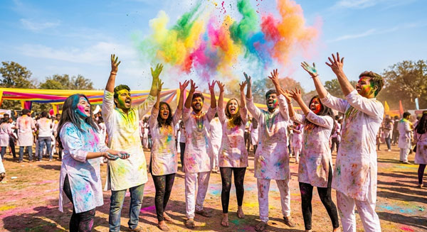 holi friends circle throw powder photo
