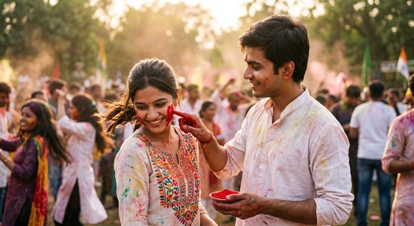 holi couple applying color on cheek photo