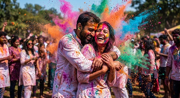hug from behind holi couple color burst photo