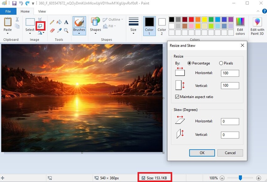 how to increase kb size of image in paint