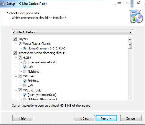 klite codec pack select components