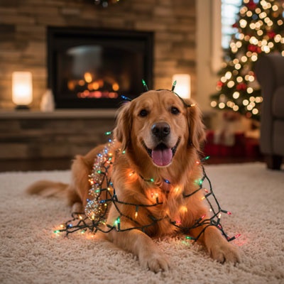 playful dog tangled in christmas lights photos