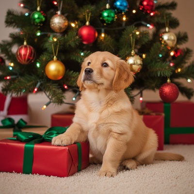 puppy under decorated christmas tree