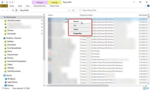 restorel deleted photos from recycle bin