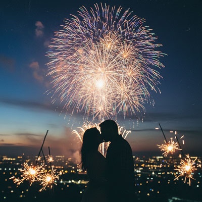 romantic couple fireworks kiss photo