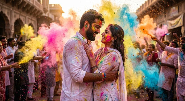 romantic holi couple splash embrace shots