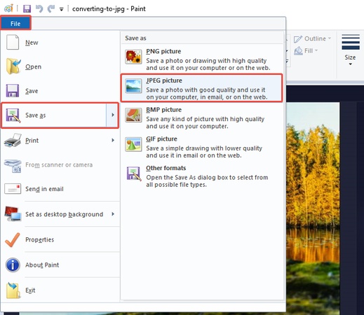 save bmp to jpg in Windows paint app
