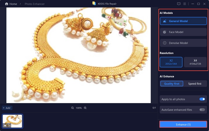 select ai model and resolution to enhance