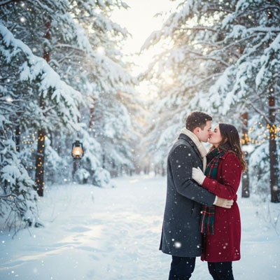 snowy outdoor couple kiss