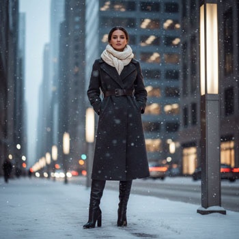 snowy street fashion portrait