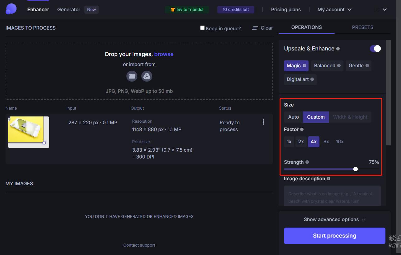 iniciar o processamento para ampliar fotos