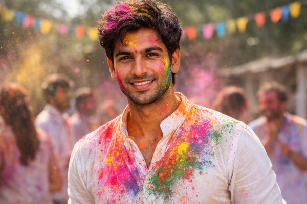 white kurta color splash man holi portrait