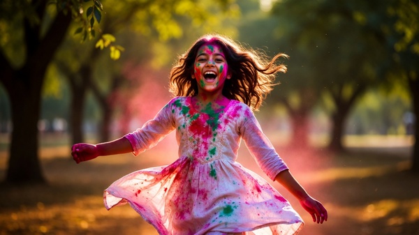 white kurta splashed with gulal