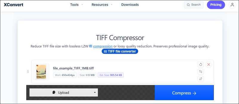 xconvert start compressing tiff
