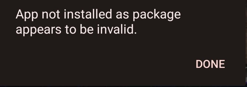 app not installed as package appears to be invalid