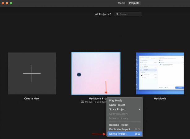 supprimer le projet pour résoudre le problème d'espace disque insuffisant sur iMovie