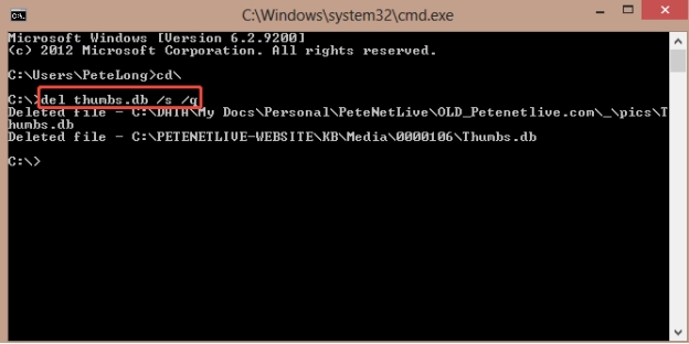 delete thumb db files with command line