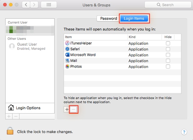disable mac startup login items to fix system run out of application memory