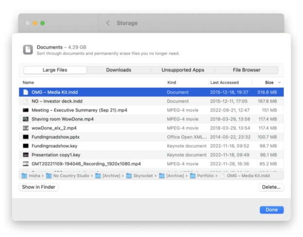 시스템 저장소 관리자를 통해 Mac 대용량 파일 찾기
