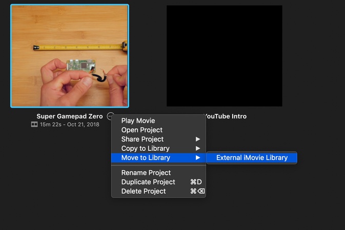 iMovie déplacer des projets
