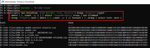 powershell find duplicate by length and hash
