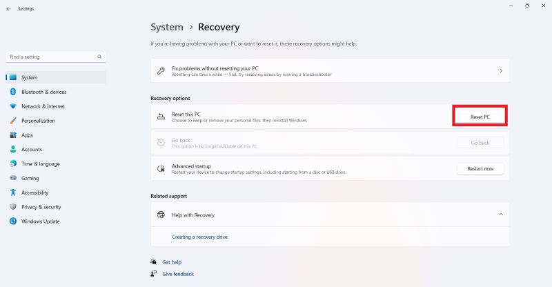 réinitialisez le PC pour continuer