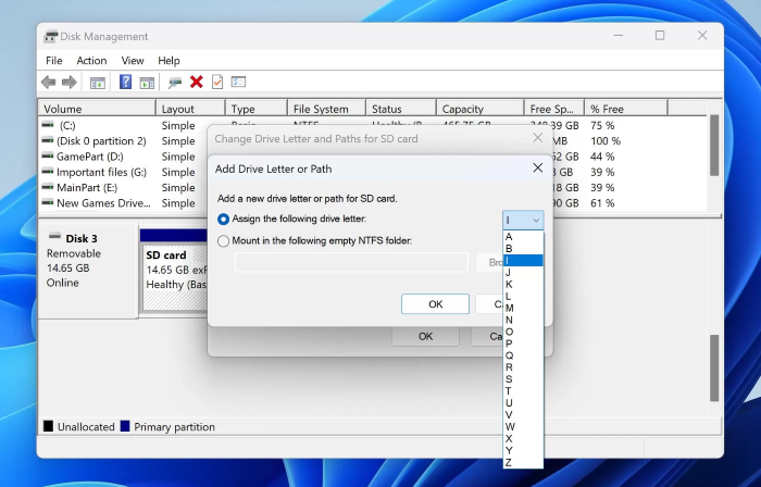 add drive letter or path sd card