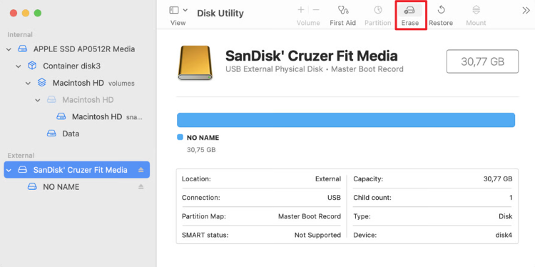 click to erase the sd card