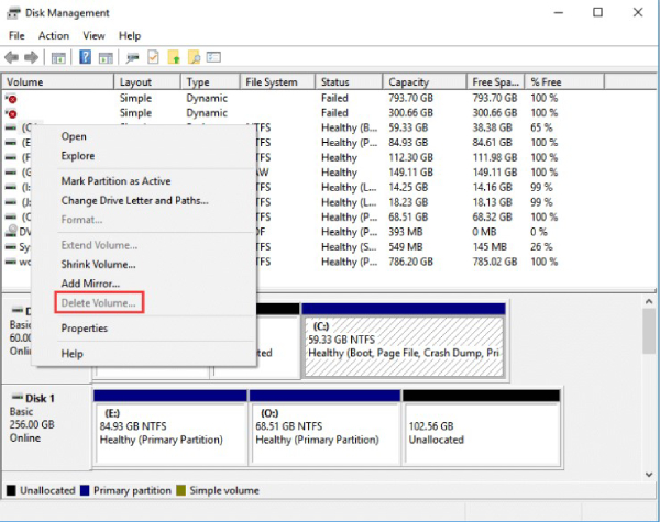 gerenciamento de disco para remover