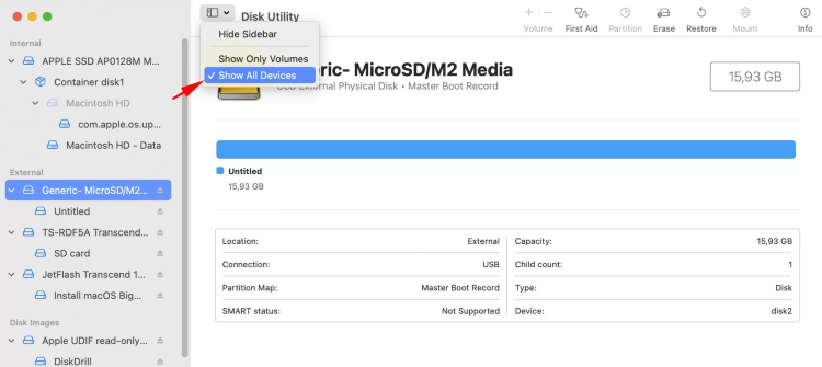 disk utility show all devices